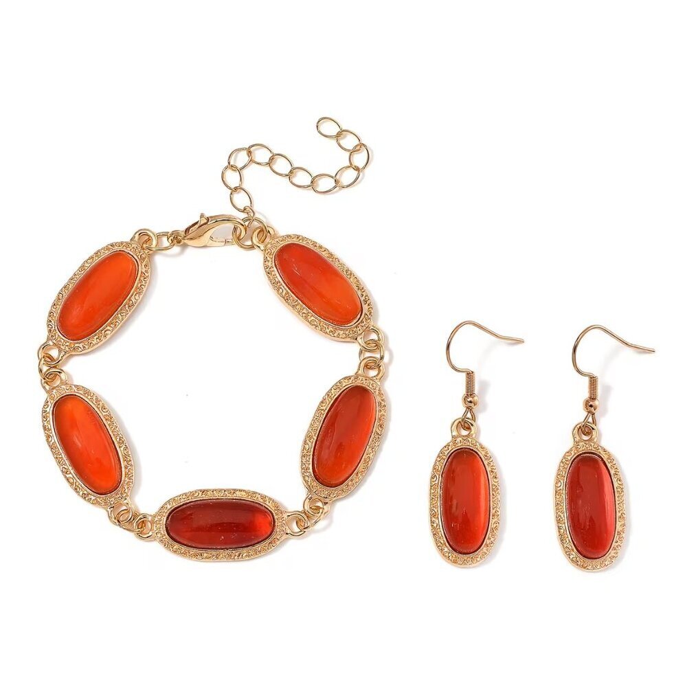 Red Agate  Bracelet (6.5-8 Inches) & Earrings Set in Rosetone